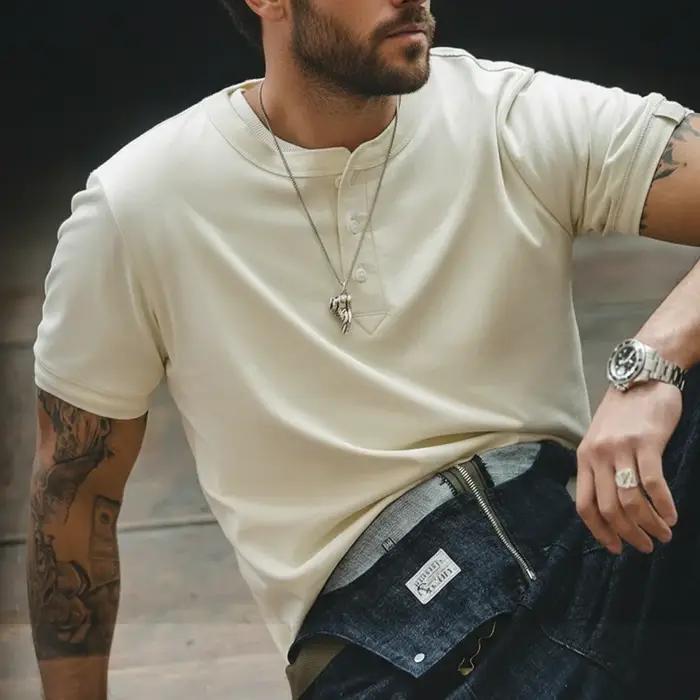 Maden-T-shirt Henry en coton doux et respirant pour homme, t-shirt vintage, monochromatique, décontr