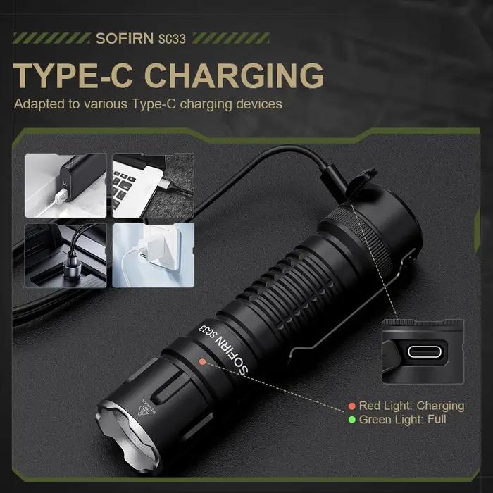 Lampe torche tactique LED SOFIRN SC33 XHP70.3 HI 5200lm puissante, rechargeable par Type C, interrup