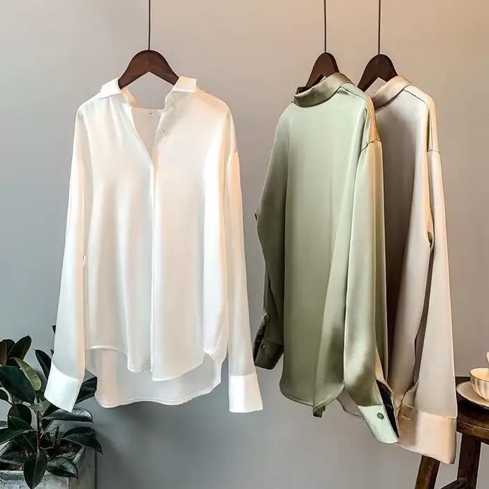 Soie coréenne bureau dames chemise élégante Blouse femmes mode boutonné chemise en Satin Vintage bla