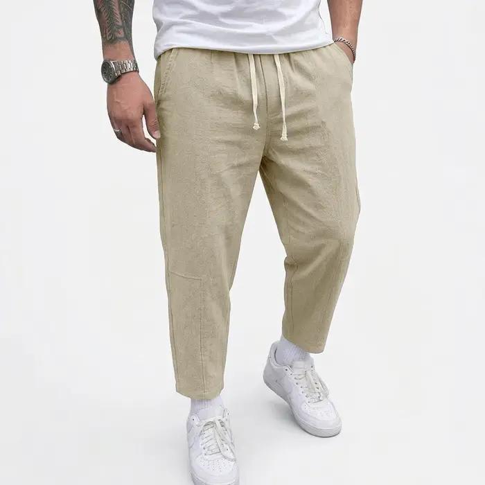Pantalon en lin pour homme, couleur unie, décontracté, respirant, ample, pour le sport, la plage, lé