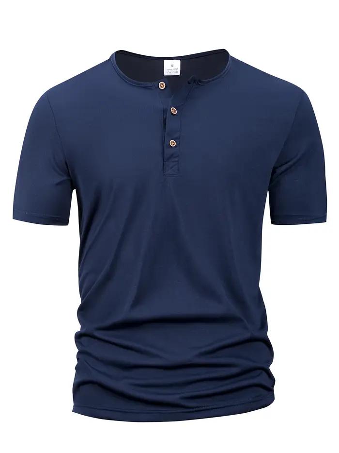 Été hommes col Henley T-shirts bouton mince décontracté mâle couleur unie à manches courtes hommes s