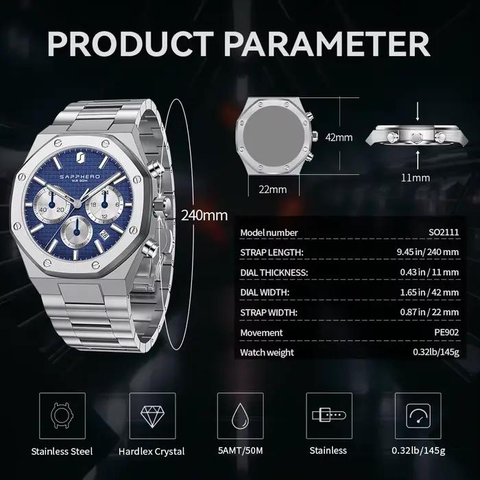 SAPPHERO montre pour hommes montre étanche fonction chronographe Date aiguilles lumineuses montre en