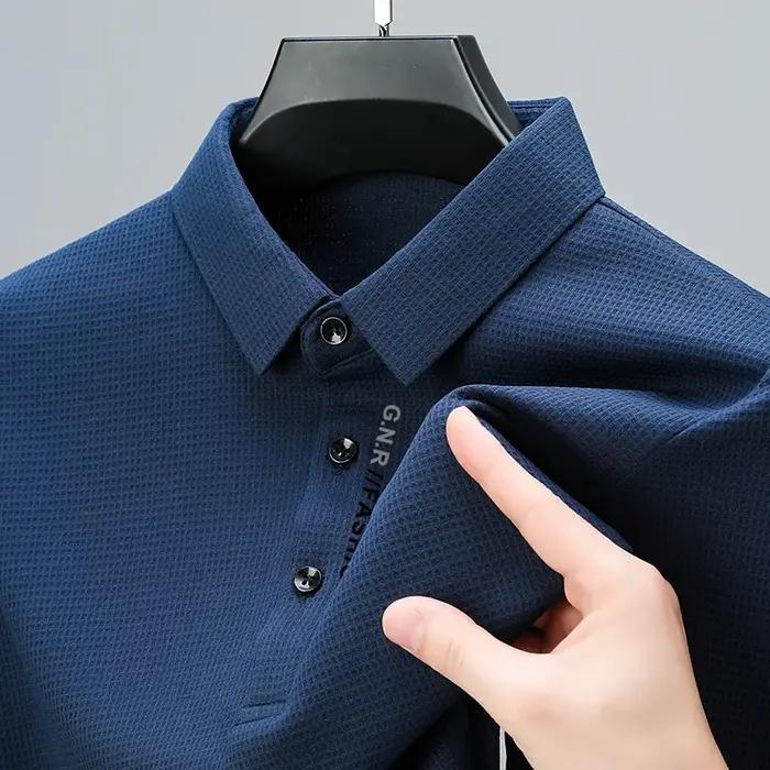POLO gaufré à manches longues pour hommes avec lettre imprimée revers haut décontracté