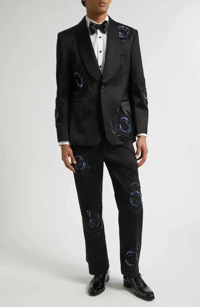 Costume de Mariage Tendance pour Marié, Smoking à Revers Châle Perlé, Simple Boutonnage, 2 Pièces (V
