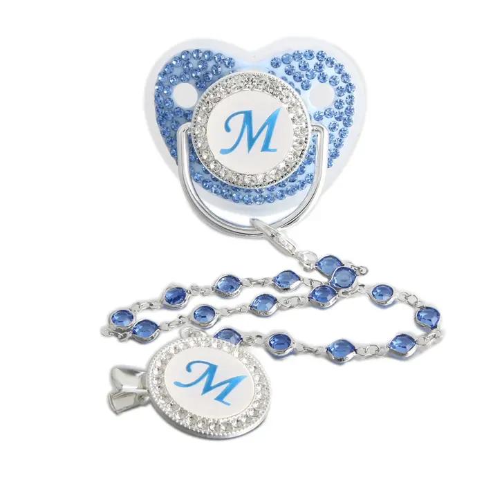 Sucette bleue scintillante pour bébé, 26 lettres, avec chaîne de perles de pierres précieuses, Clip/