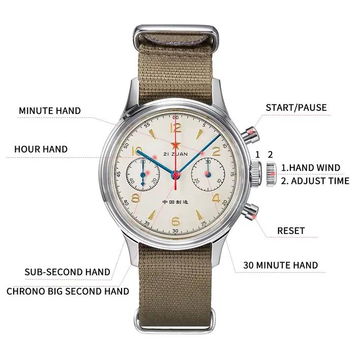 RED STAR 38mm hommes 1963 chronographe montre mécanique pilote avec mouvement mouette ST1901 Air For