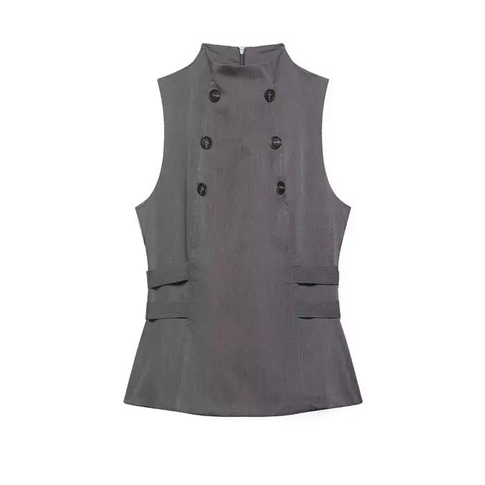 Gilet décontracté pour femme, bicolore, à double boutonnage, col montant, sans manches, cintré à la