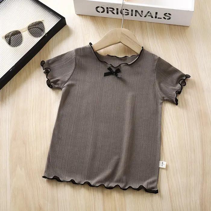 T-shirts d'été à manches courtes en tricot fin avec volants et dentelle pour bébés filles, nouveaux