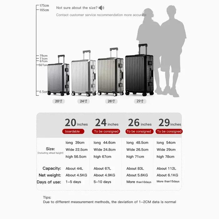 Nouveau Style tout en aluminium 20 "24" 28 "pouces valise de voyage continuer valise de luxe sac de
