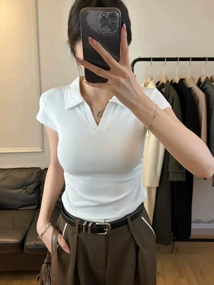 Coton été Sexy femmes t-shirt maigre mince basique solide haut court à manches courtes Polo t-shirt