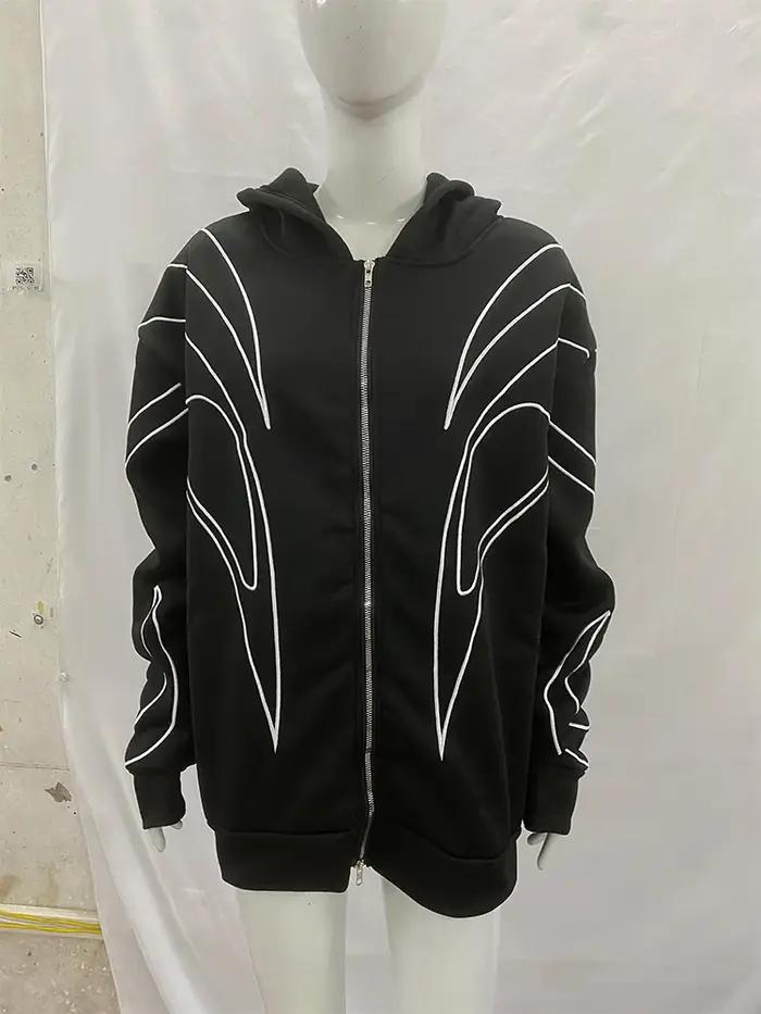 Rue rétro mode vêtements rayé brodé noir Double fermeture éclair à capuche américain Hip-hop Punk su