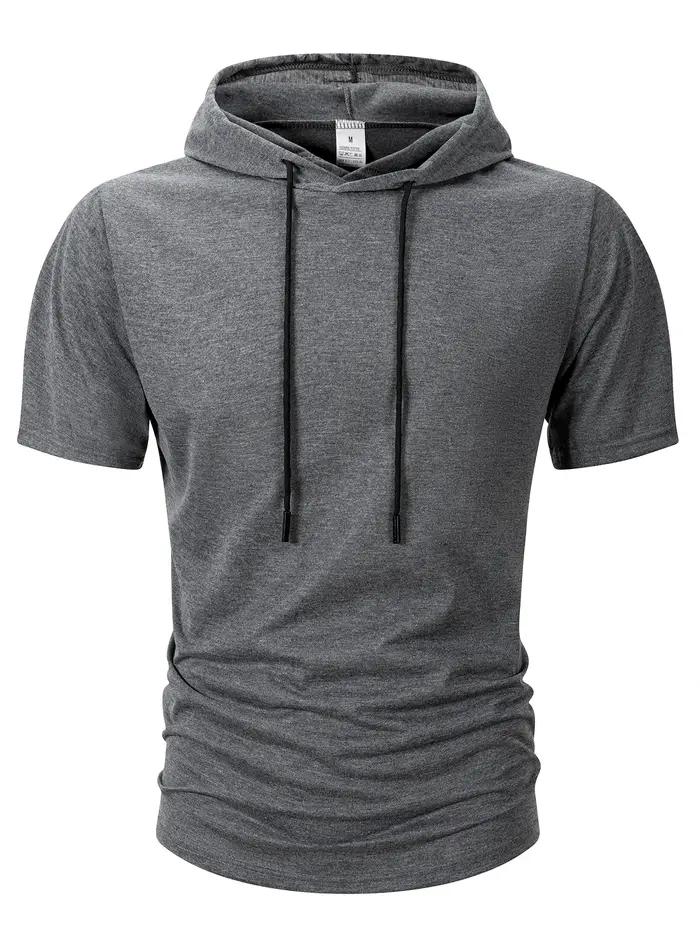 Sweat-shirt à capuche pour hommes, décontracté, manches courtes, ample, couleur unie, léger, Fitness