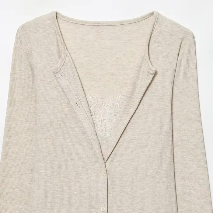 HXAO court tricot Cardigan pour femmes automne printemps Chic dentelle à manches longues tricots gri