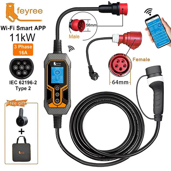 Feyree – chargeur EV Portable Type 2, 11kw, 16a, 3 phases, application Wi-Fi, Version Bluetooth, câb