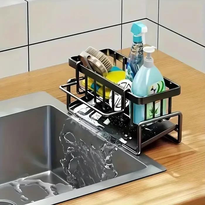 Porte-éponge pour évier de cuisine organisateur d'évier de cuisine à vidange automatique caddie d'évier avec porte-brosse amovible robuste et pratique pour cuisine familiale professionnelle ou camping