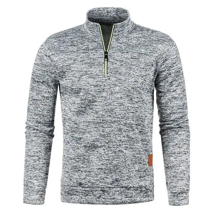 Sweat-shirt à manches longues et demi-fermeture éclair pour homme, couleur unie, pull à col roulé, S