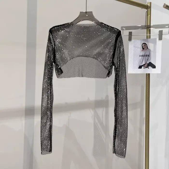 2023 nouveau sexy diamant brillant haut court mince mince mme perceuse chaude à manches longues T-sh