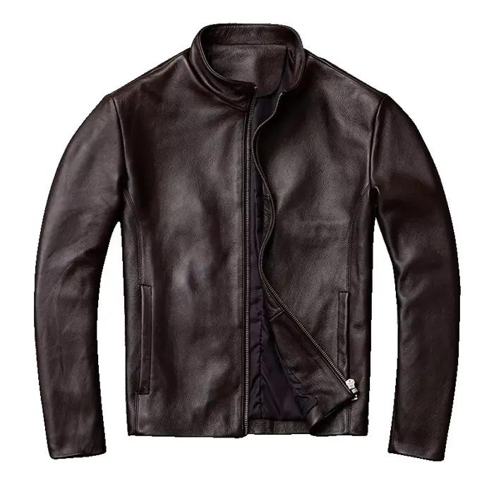 Veste en cuir véritable pour homme, coupe slim, col montant, première couche de cuir de vachette, vê