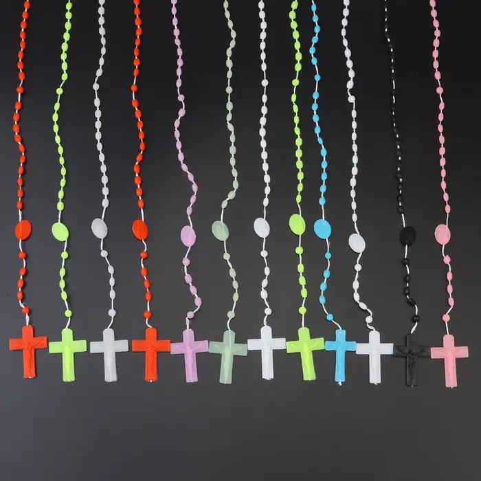 Chapelet multicolore, perles de prière, classique, vieux pendentif croix en plastique, colliers, bij