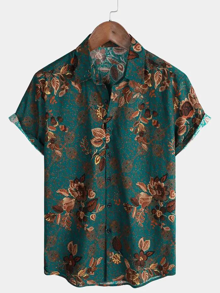 Chemise à manches courtes à imprimé floral rétro pour hommes chemise décontractée à revers simple bo