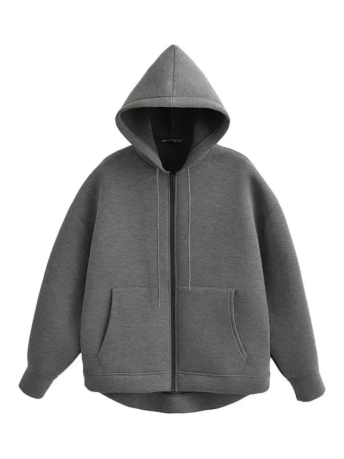 HH automne femmes gris veste avec capuche à manches longues grande poche veste à glissière manteau f