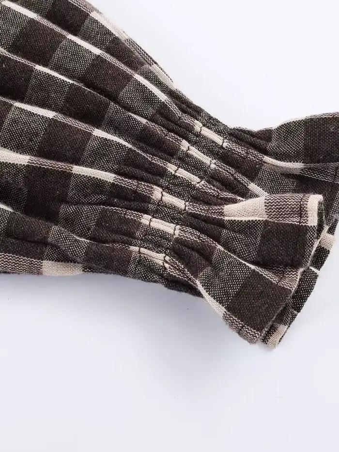 Nlzgmsj 2025 Vintage Chic marron chemises à carreaux femmes à manches longues Blouses pli mode décon