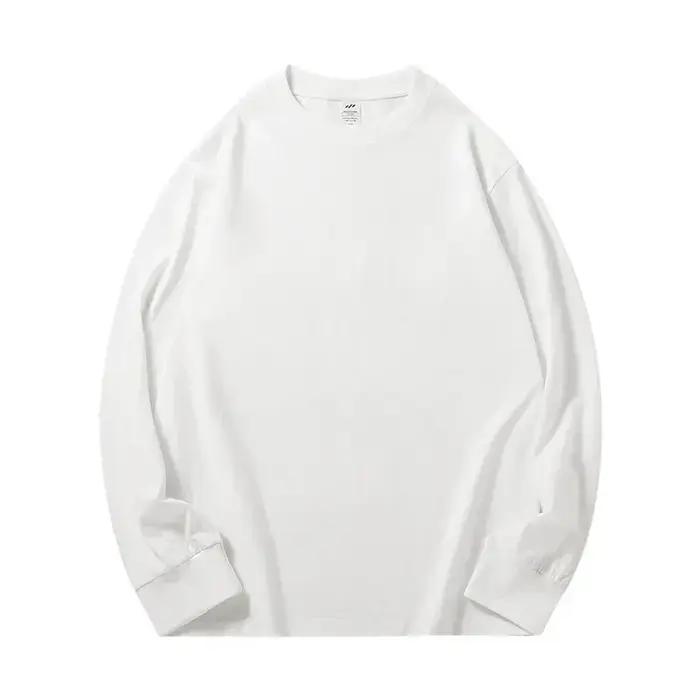 T-shirt à manches longues en pur coton robuste, 300g, haut blanc en peluche, couche de Base épaisse
