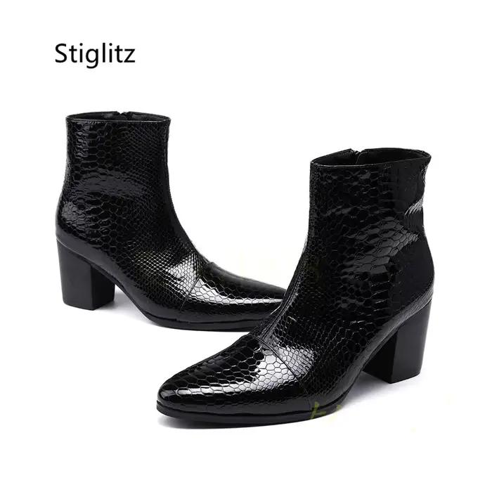 Bottines en cuir véritable pour hommes, noir et rouge, talons hauts de 8Cm, motif serpent rétro, bou