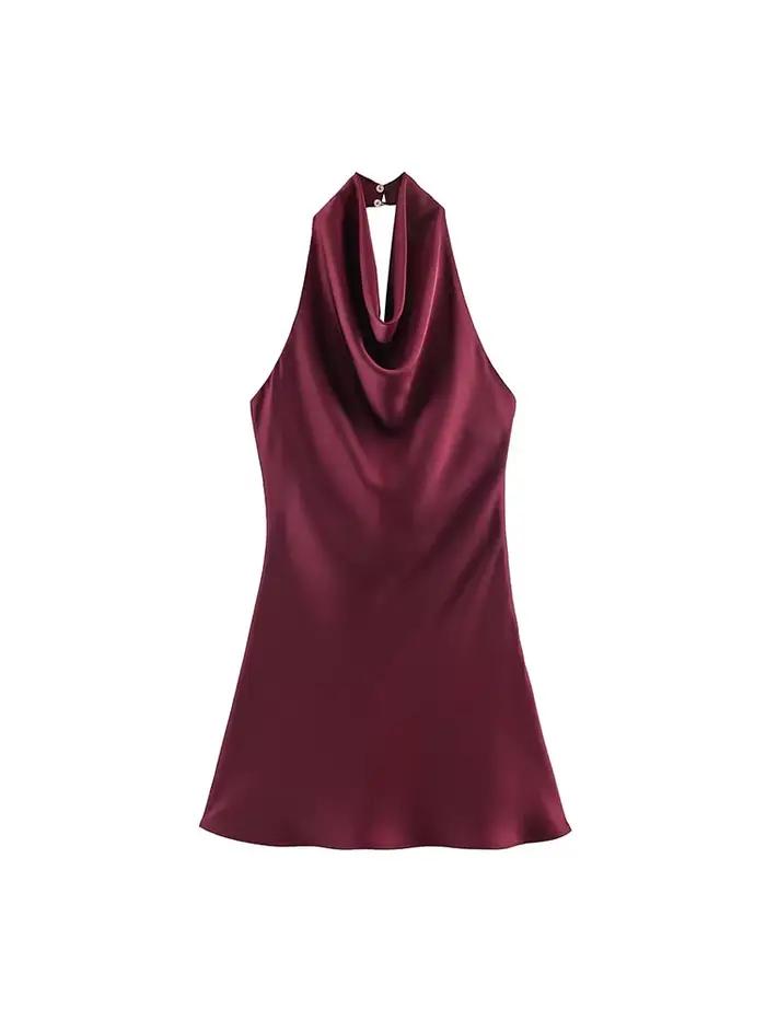 Robe Courte Halter Élégante en Satin pour Femme – Collection Été 2026 – Sexy, Dos Nu, Couleur Unie –