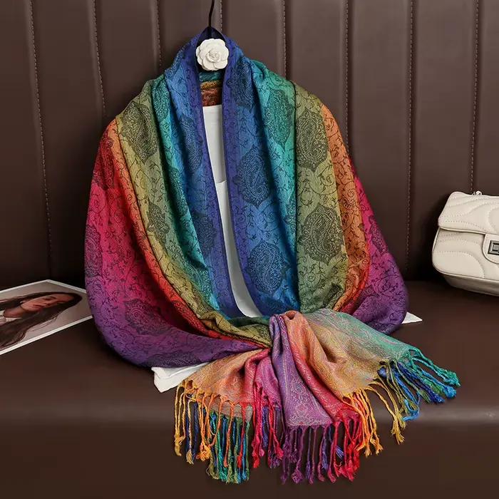 Couleurs arc-en-ciel hiver chaud épais Style ethnique Jacquard écharpe femmes voyage musulman Hijab