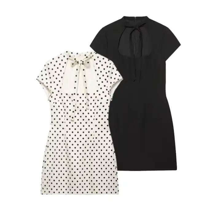 Mini-robe à découpes avec nœud papillon sur le devant, robe moulante à pois à manches courtes pour f