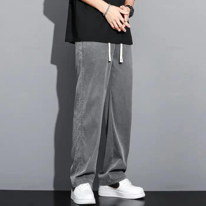 Été doux Lyocell tissu hommes jean mince ample pantalon droit cordon taille élastique corée pantalon