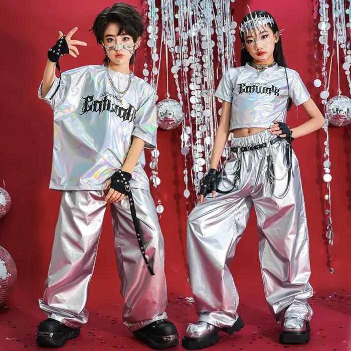 Hip Hop garçons T-shirt danse de rue argent pantalon filles K-pop brillant Joggers enfants Jazz vête