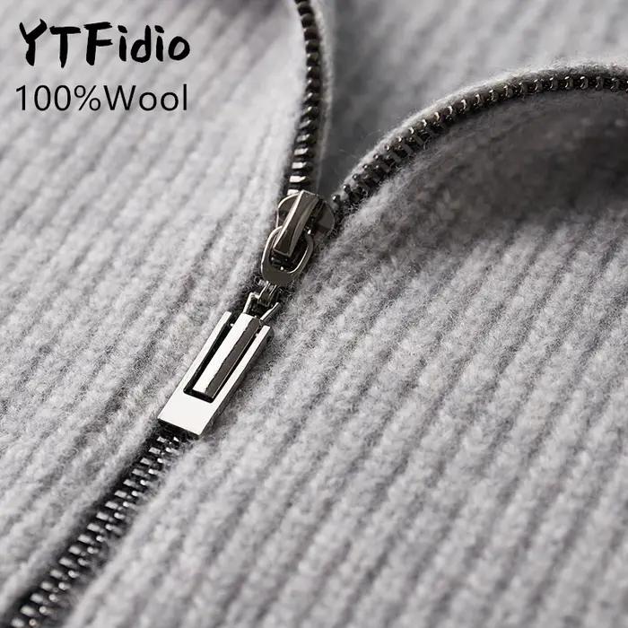 YTFidio-Pull à col mi-haut pour homme, 100% laine, pull à fermeture éclair avec poche, cardigan épai