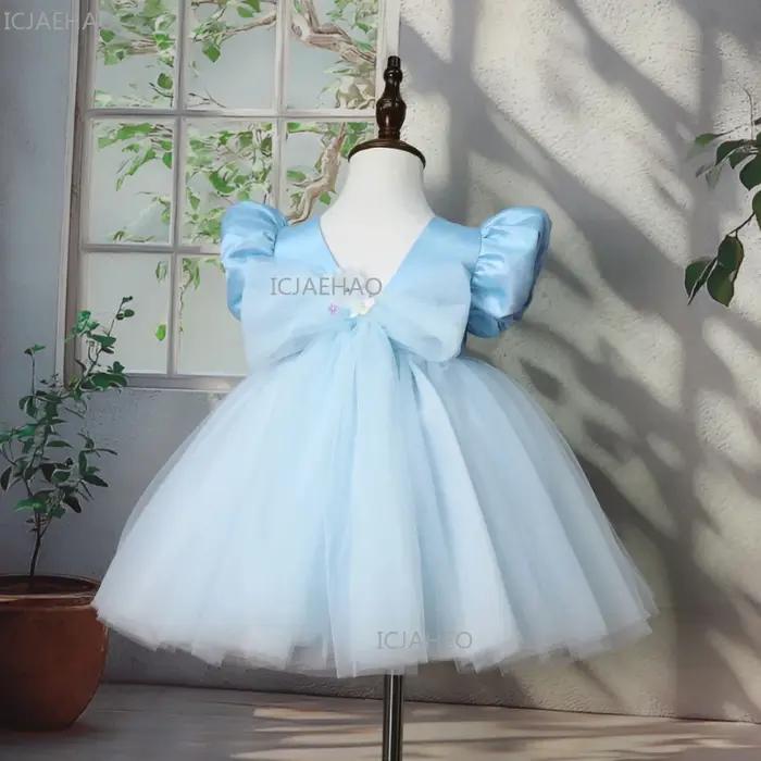 Nouvelle Robe de Princesse Bleue en Satin à Manches Bulles pour Enfants 2026 – Robe Bouffante pour A