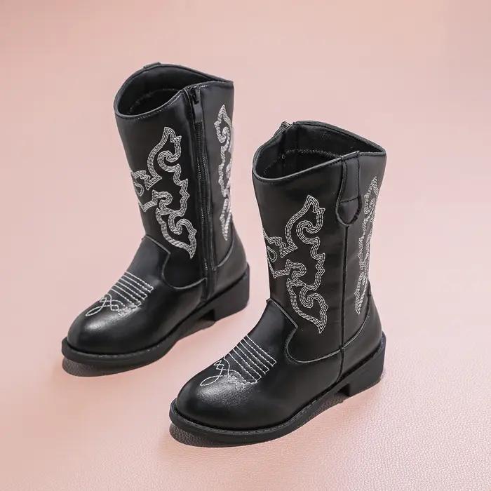 Bottines de Cowboy en PU pour filles, mi-mollet, antidérapantes, fermeture éclair latérale, simples,