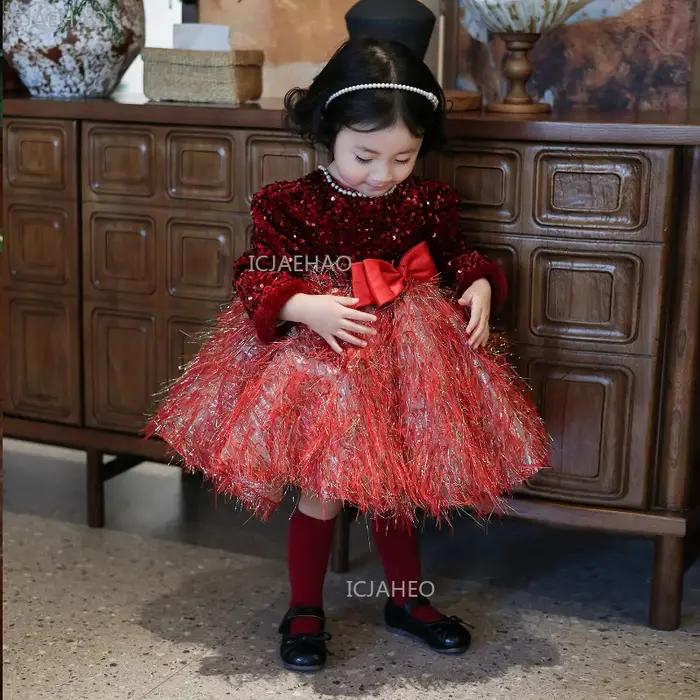Robe de princesse rouge pour filles, tenue de cérémonie pour célébrations annuelles, robe de spectac