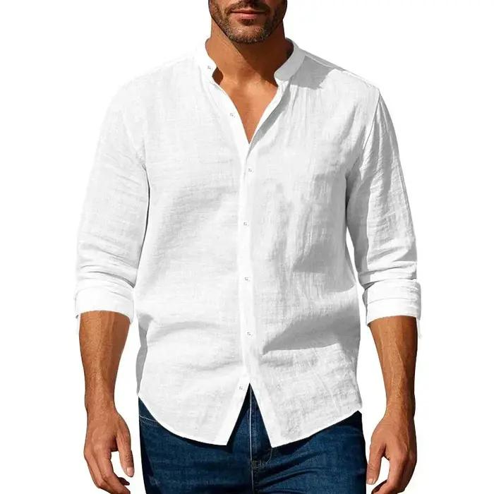 Chemise en coton et lin pour hommes, col Henley, couleur unie, légère, respirante, coupe cintrée, si
