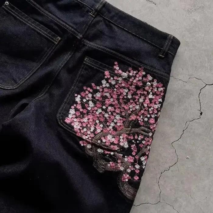 Y2K Harajuku jean Goth vintage fleur de prunier motif brodé pantalon à jambes larges hommes femmes d