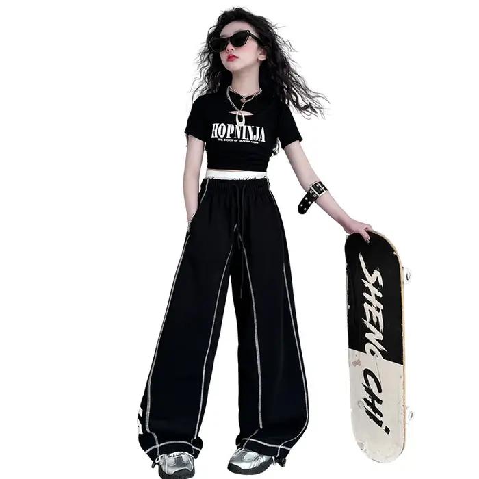 Été adolescente Hip Hop Jazz Street Dance Costume Costume Cool imprimé creux T-shirt court + pantalo
