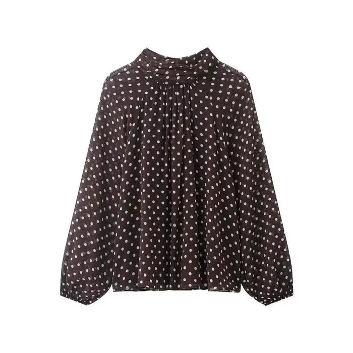 Chemisier élégant à pois pour femme, chemise en mousseline à col superposé et manches lanternes avec