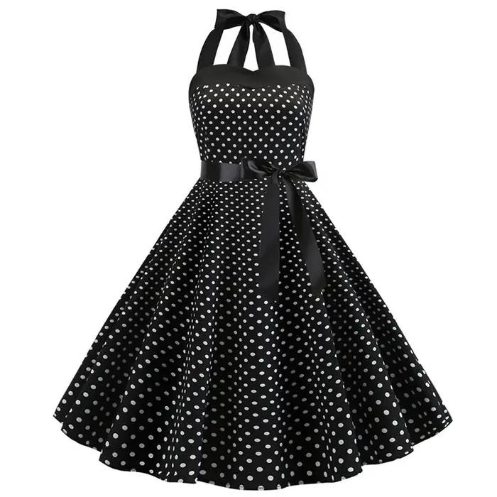 Robe Sexy rétro blanche à pois, Hepburn, Vintage, col licou, Robe de soirée, années 50 et 60, Pin Up