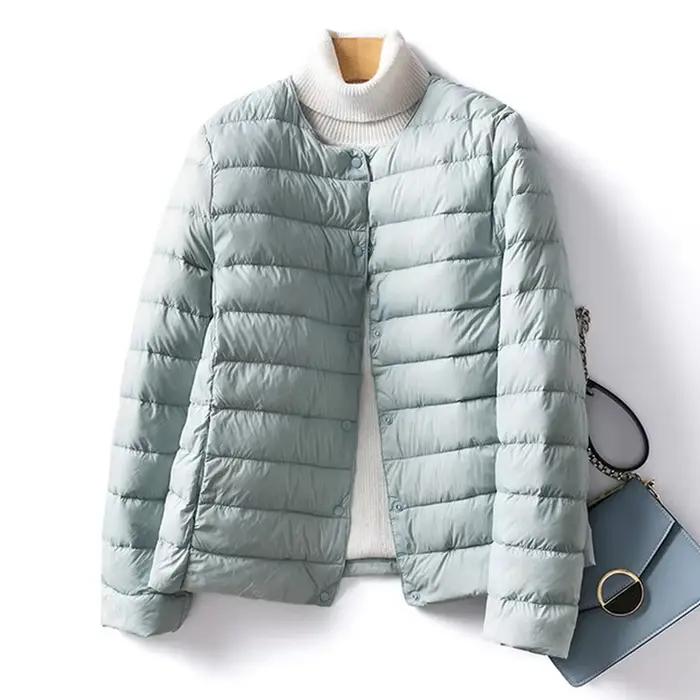 Veste en duvet de canard pour femme, col rond, col en v Variable, garde au chaud, sans col, manteau