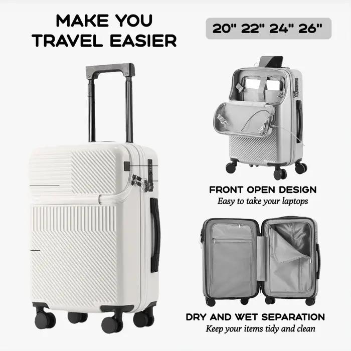 Ensembles de bagages de grande capacité pour hommes, valise, avant ouvert, chargement USB, bagage à