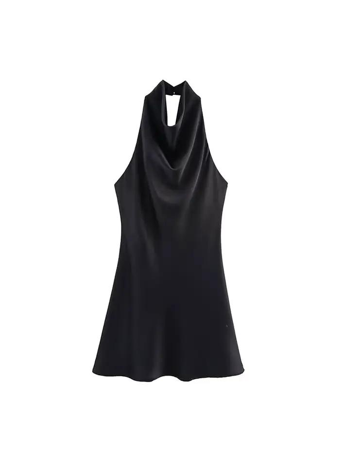 Robe Courte Halter Élégante en Satin pour Femme – Collection Été 2026 – Sexy, Dos Nu, Couleur Unie –