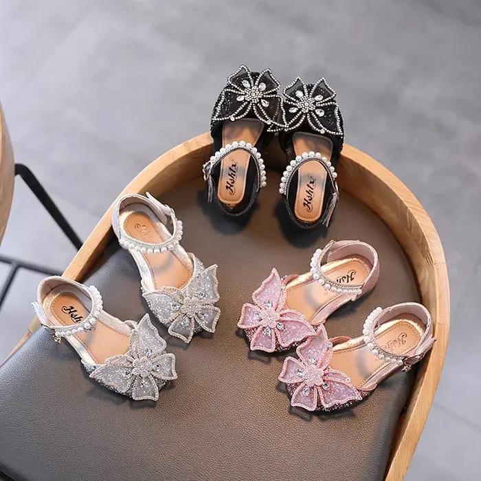Sandales d'été pour filles, chaussures de princesse à paillettes et nœud en strass, chaussures à tal