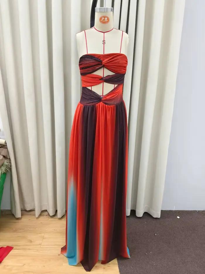Robe longue ajourée pour femmes, dégradé de teinture par nouage, élégante, épaules dénudées, ourlet