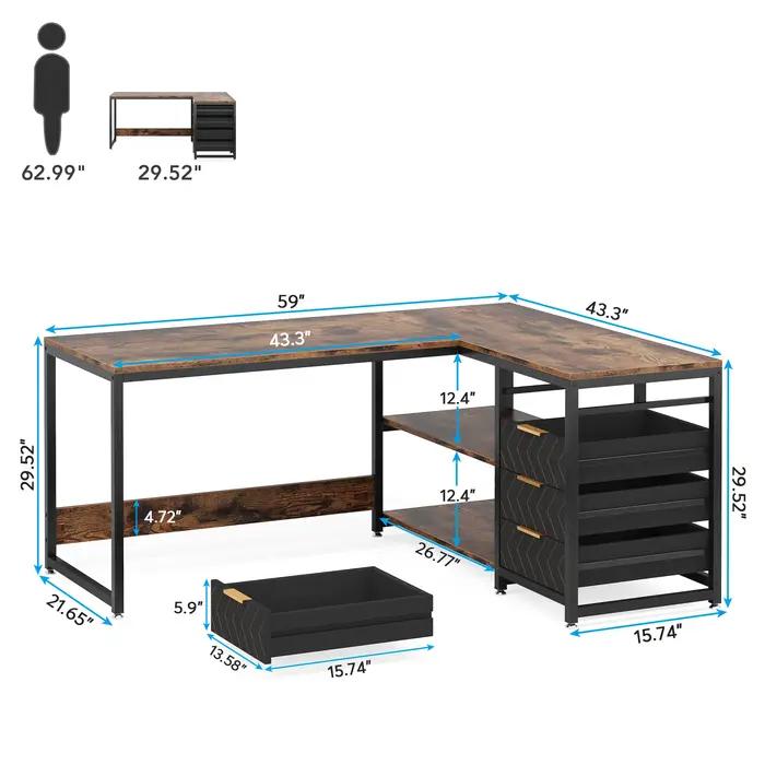 Tribesigns Bureau d'ordinateur en forme de L avec tiroirs de rangement, bureau d'angle de 59 pouces