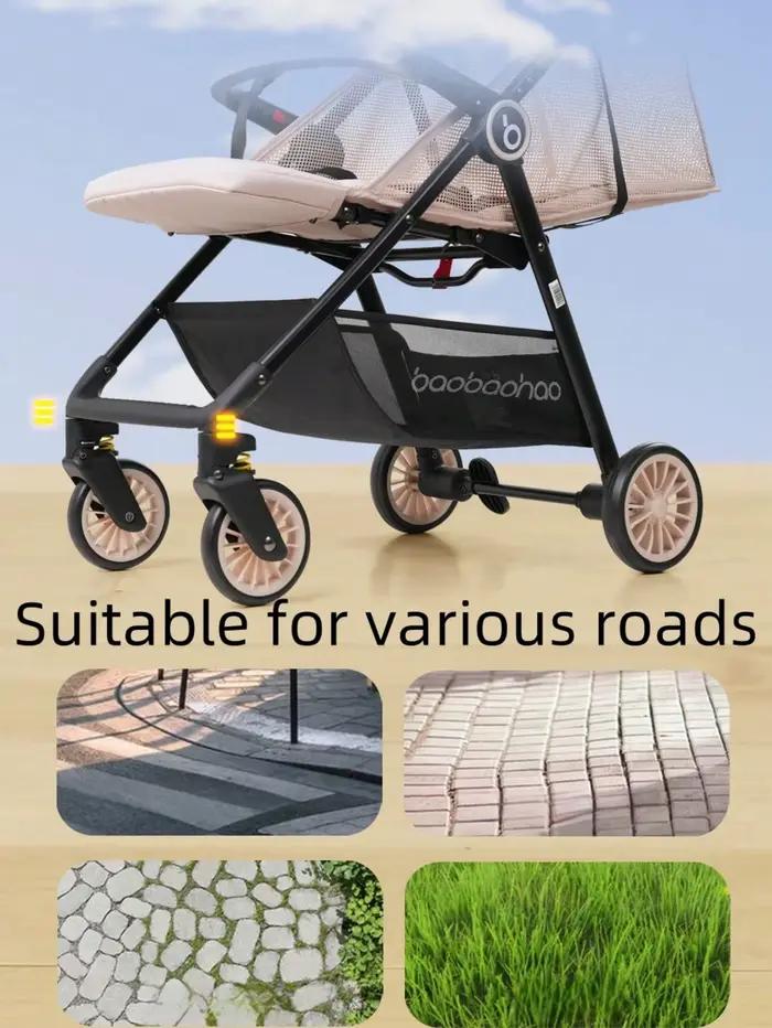 Poussette légère et pliable pour bébé avec design en maille respirant et adaptable positionnée pour sorties familiales et voyages courts