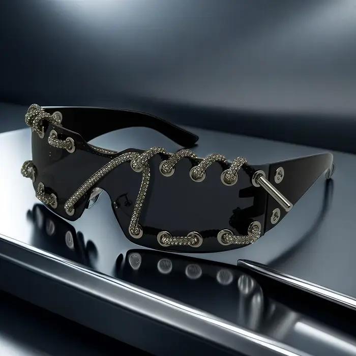 Lunettes de soleil Punk Y2k pour femmes, sans monture, avec chaîne en cristal, lunettes de soleil mo